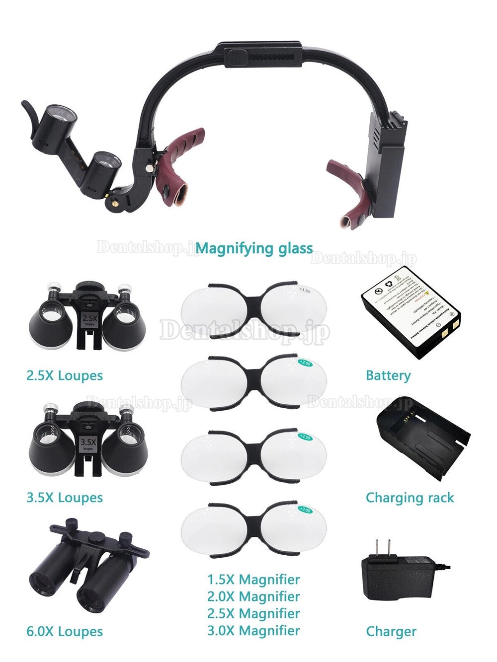 5X / 6X 歯科用双眼ルーペ (5W LEDヘッドライト+老眼メガネ付き)