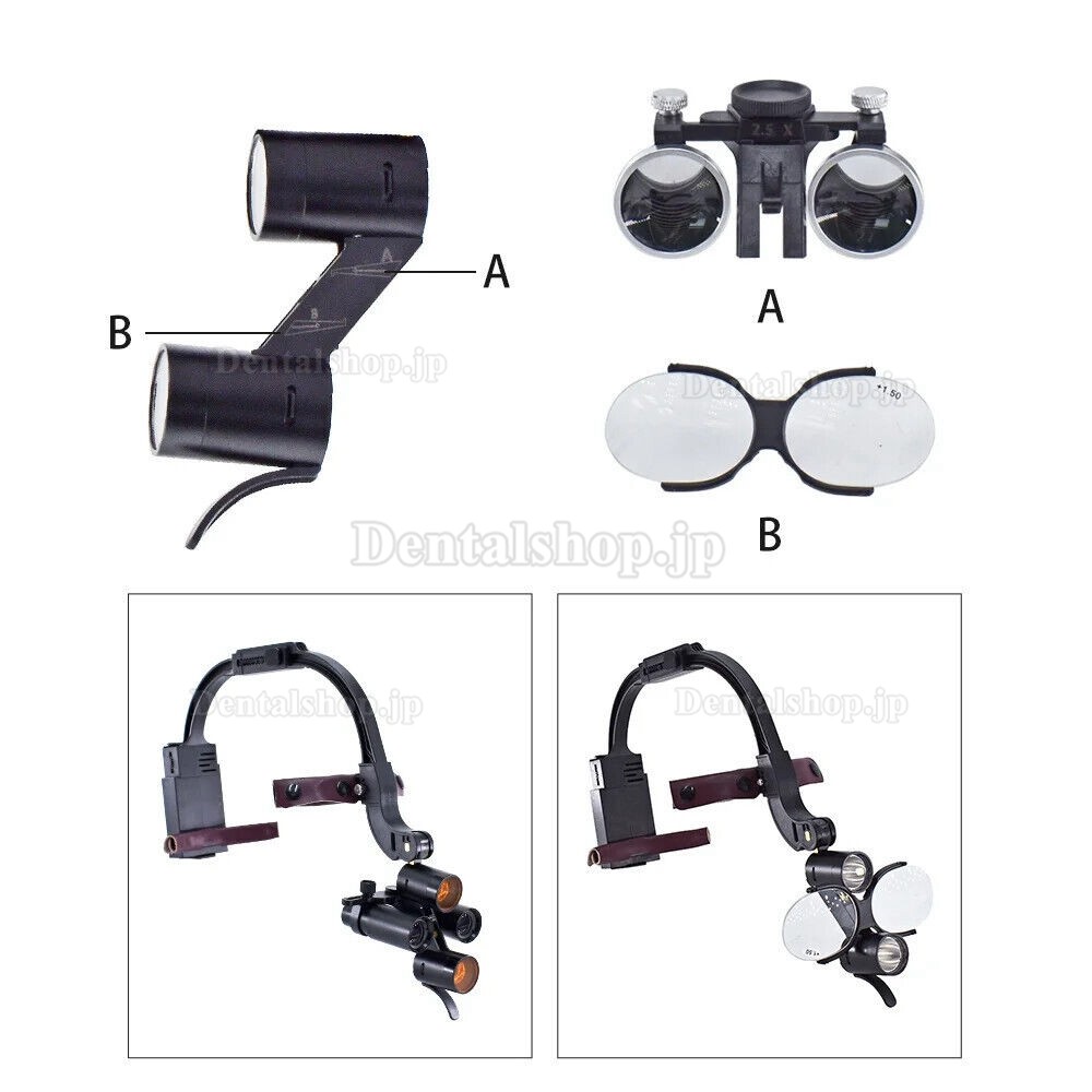 5X / 6X 歯科用双眼ルーペ (5W LEDヘッドライト+老眼メガネ付き)