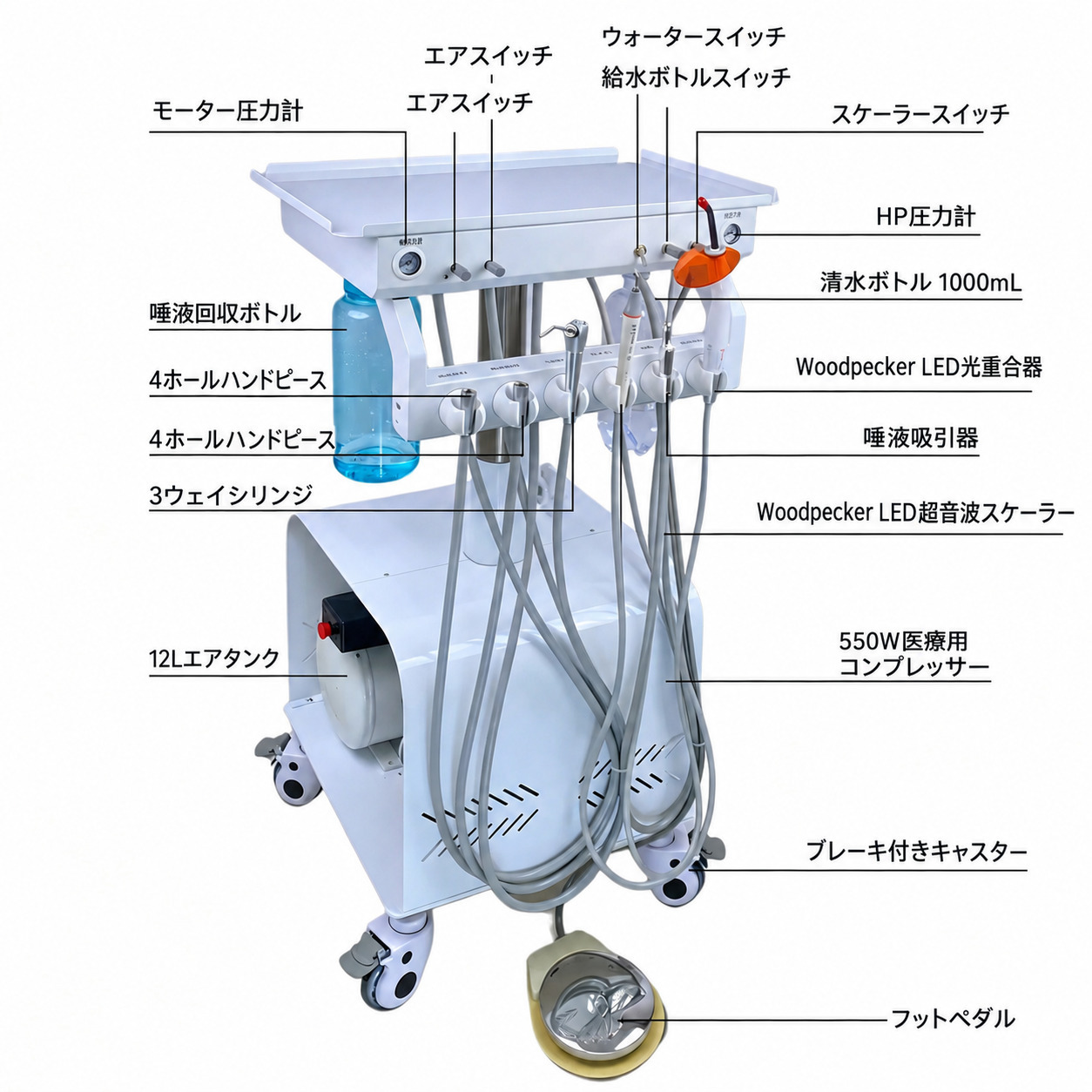 歯科用可動式診療用トレーテーブル(4穴仕様)、エアコンプレッサーおよび昇降機能付き 歯科用可動式診療用トレーテーブル(4穴仕様)、エアコンプレッサーおよび昇降機能付き