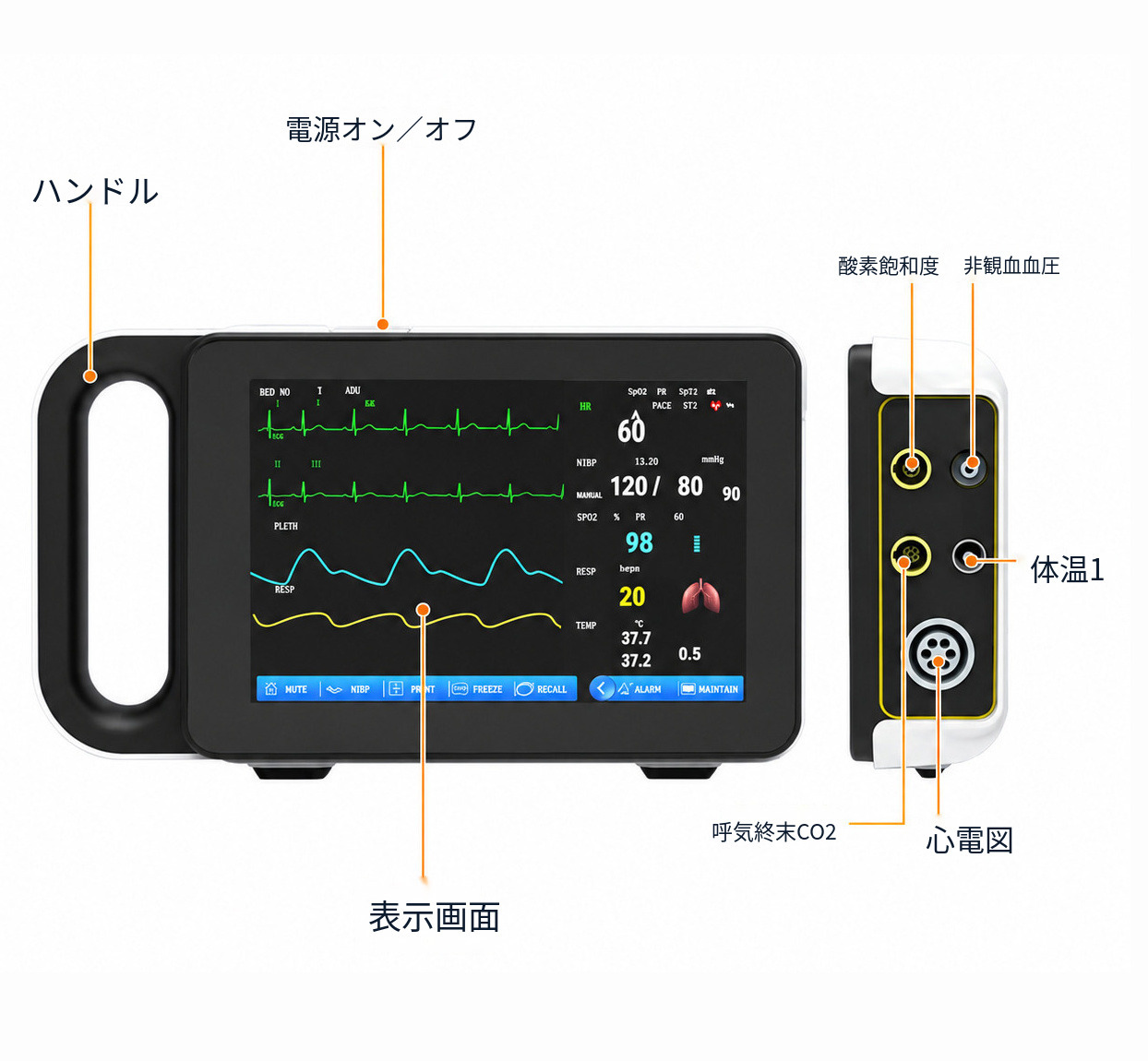 7インチタッチスクリーン搭載マルチパラメータ患者モニター（ECG/RESP/TEMP/NIBP/SpO2/PR）