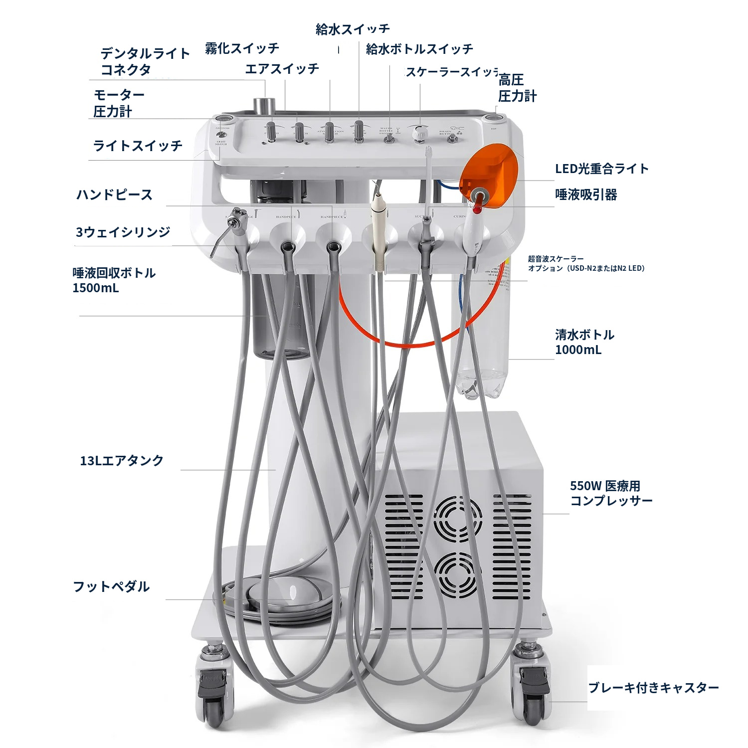 歯科用移動式診療用トレーテーブル（歯科用ランプ、エアコンプレッサー、ウッドペッカースケーラー、光重合器付き）