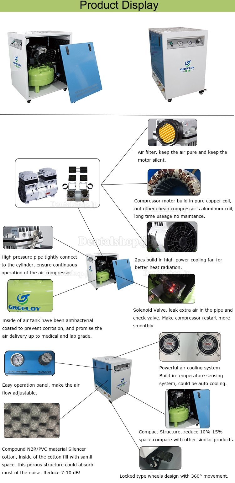 Greeloy® 歯科用オイルレス エアーコンプレッサー ドライヤーと消音ケース付き GA-61XY