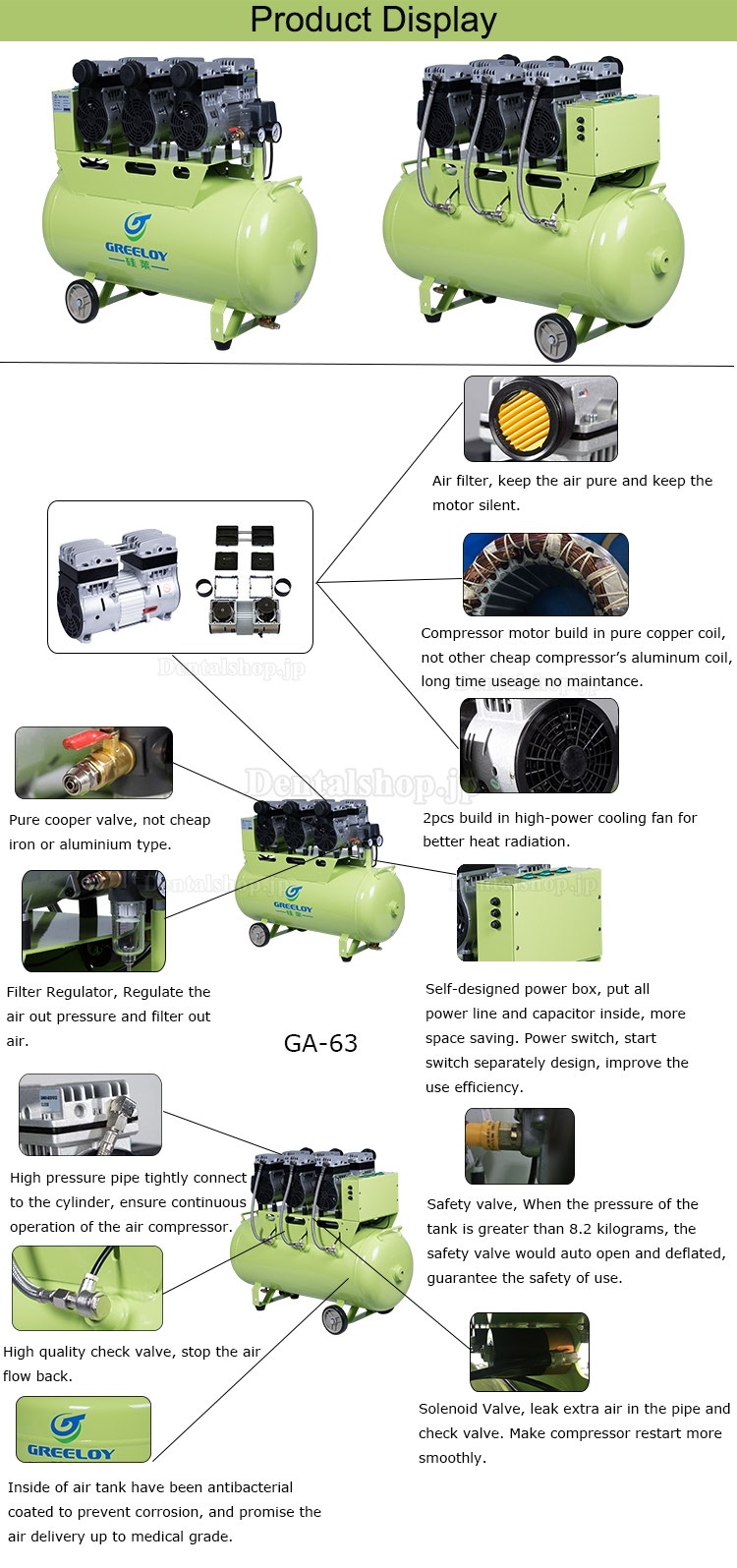 Greeloy GA-63XY 歯科用オイルレス エアーコンプレッサー 90L ドライヤーと消音ケース付き