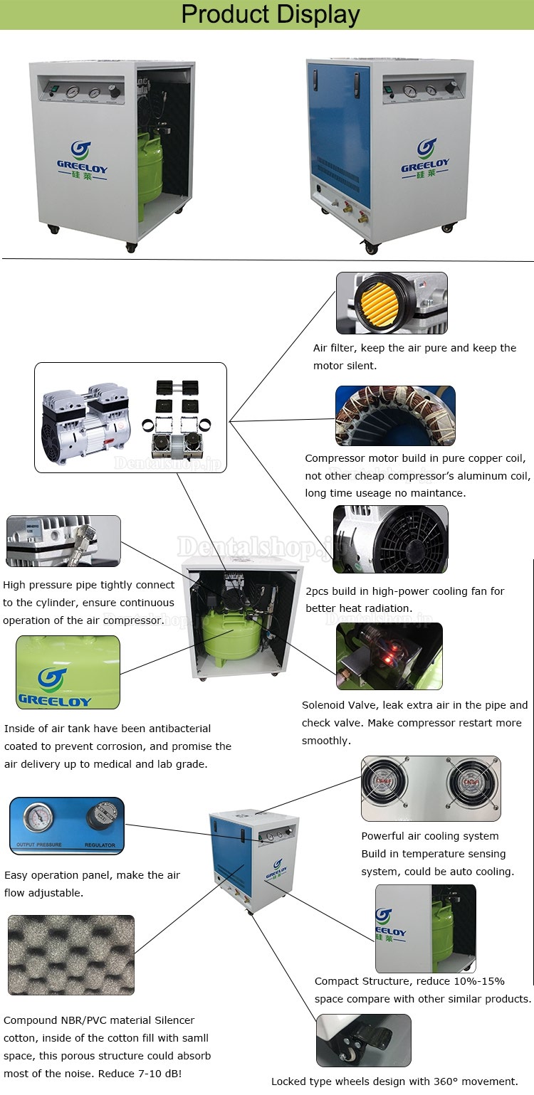 Greeloy® GA-81XY 歯科用オイルレス エアーコンプレッサー ドライヤーと消音ケースー付き