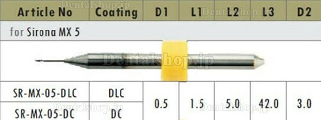 1個 デンタルCAD/CAMジルコニアミリングバーフィットシロナMX5 (0.5mm/ 1mm/2.5mm)コーティングなし