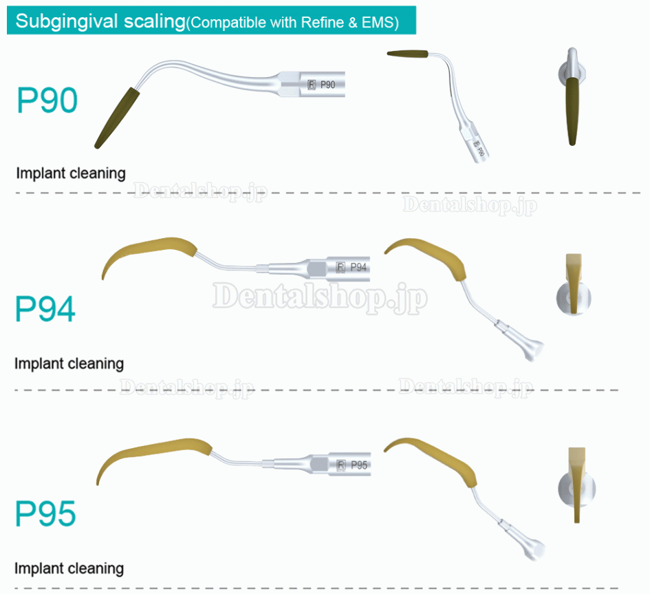 5Pcs Refine® 歯科用スケーラーチップ P90 P94 P95 P96L P96R EMS MECTRON Woodpeakerに適用